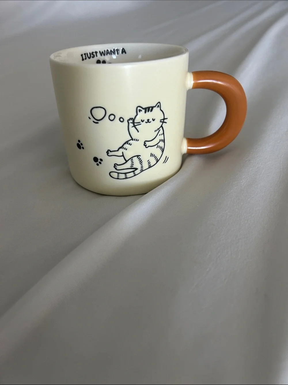 Cream Cat Print Ceramic Mug with Orange Handle